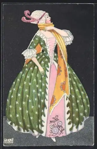 Künstler-AK Mela Köhler: Dame in Ballkleid mit Schal, Barock, Rokoko