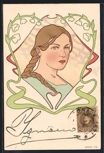 AK Junge Frau mit geflochtenem, blonden Zopf und blauen Augen, Jugendstil