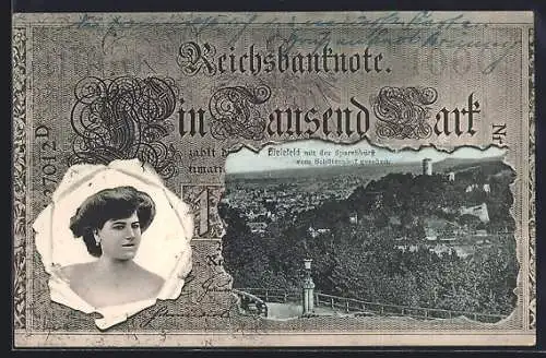 AK Bielefeld, Sparenburg im Reichsbanknoten-Passepartout mit Frauenporträt