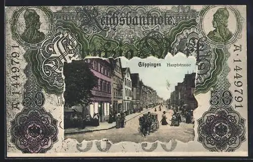 AK Göppingen, Hauptstrasse im Reichsbanknoten-Passepartout