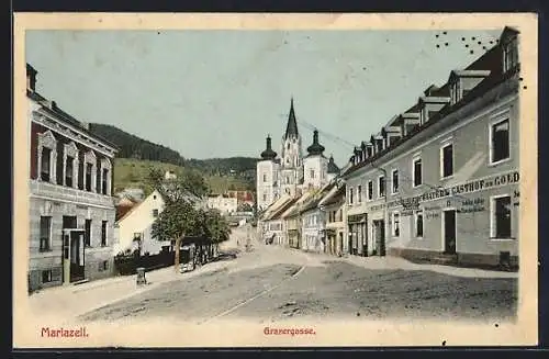 AK Mariazell, Grazergasse mit Gasthof zur Goldenen Kanone