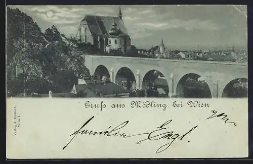 Mondschein-AK Mödling bei Wien, Kirche und Viadukt