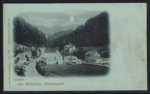 Mondschein-AK Mürzsteg /Steiermark, Teilansicht aus der Vogelschau