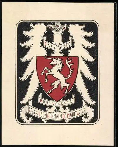 Exlibris Leon Germain De Maidy, Nancy, Wappen mit Einhorn