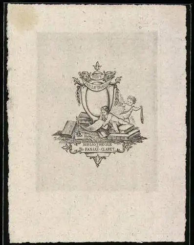 Exlibris Bibliotheque Elie Fanjas - Claret, Putten vor Wappenschild auf Büchern und Dokumenten