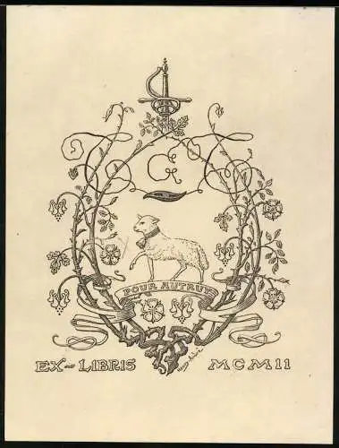 Exlibris von Henry Andre, Pour Autruy, Lamm mit floralen Verzierungen