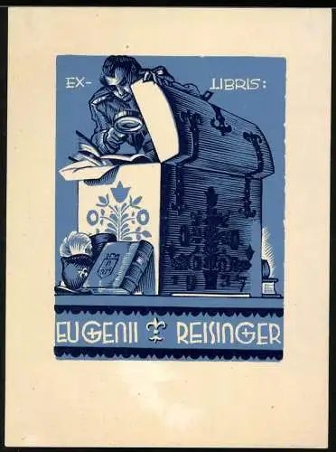 Exlibris Eugeni Reisinger, Herr mit Lupe liest Dokumente in einer True