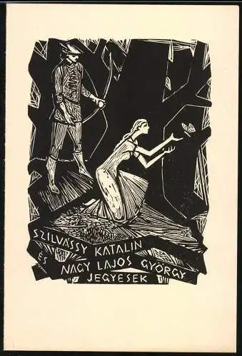 Exlibris Szilvassy Katalin Nagy Lajos György Jegyesek, Jäger mit Bogen, Maid lässt Falter fliegen