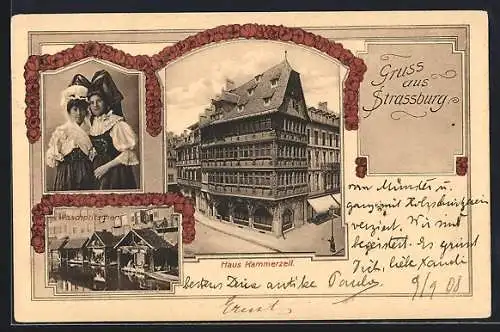 AK Strassburg, Haus Kammerzell, Waschpritschen, Elsässerinnen in Tracht