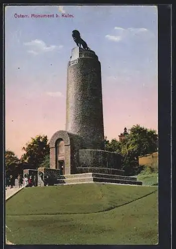 AK Kulm, Österreichisches Monument, Säule mit Löwenstatue & Jahreszahl 1813