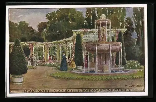 Künstler-AK Karlsruhe, Rosengartenbrunnen im Stadtgarten