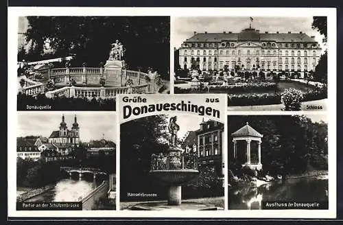 AK Donaueschingen, Donauquelle, Schloss, Schützenbrücke, Hanselebrunnen, Ausfluss der Donauquelle