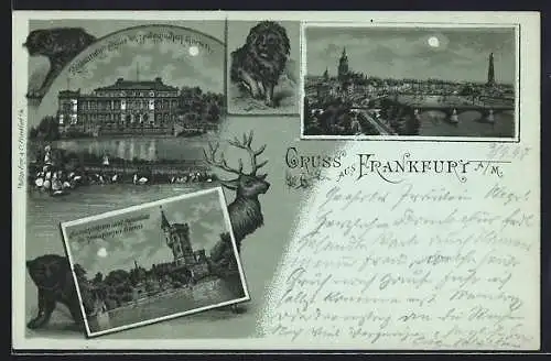 Mondschein-Lithographie Frankfurt a. M., Restaurant im Zoologischen Garten, Aussichtsthurm und Aquarium, Löwe und Bär