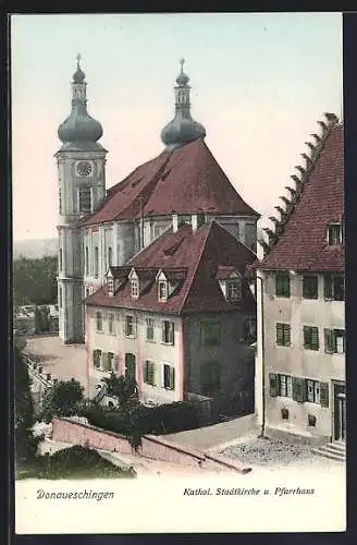 AK Donaueschingen, Kath. Stadtkirche und Pfarrhaus aus der Vogelschau