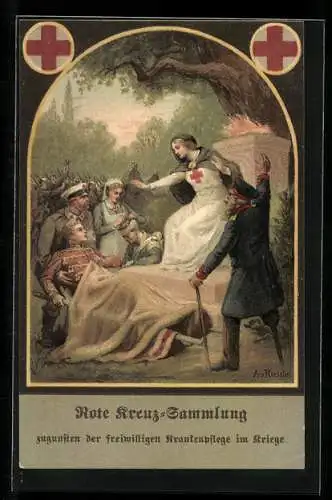 Künstler-AK sign.: A. v. Roessler, Verwundeter Soldat, Rotes Kreuz