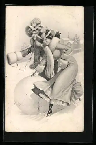 Künstler-AK Zwei Damen in Wintermänteln bauen einen Schneemann