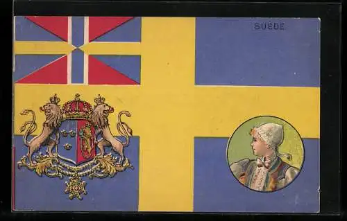 Künstler-AK Schwedische Flagge mit Wappen und Frau in Tracht