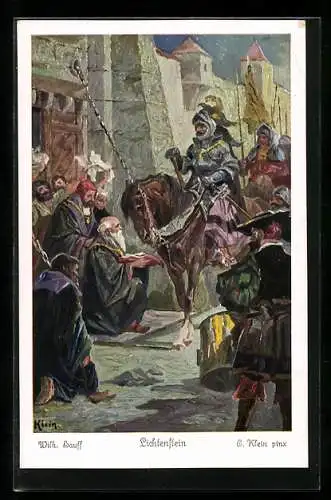 Künstler-AK E. Klein: Wilhelm Hauff Märchen, Lichtenstein, Karte Nr. 8, Herzog Ulrich von Württemberg...