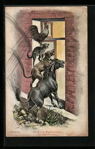 AK Gebr. Grimm's Märchen: Die Bremer Stadtmusikanten stehen zu viert am Fenster des Räuberhauses
