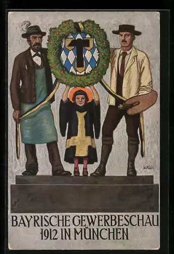 AK München, Bayerische Gewerbeschau 1912, Münchener Kindl, Wappen