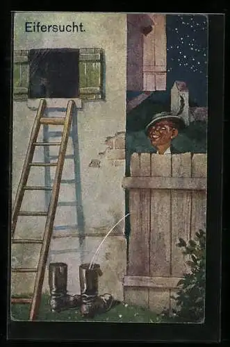 AK Eifersucht, Schelm pinkelt seinem Nebenbuhler in die Stiefel