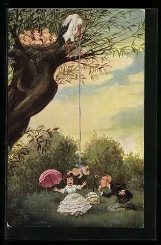 Künstler-AK Vater werden ist nicht schwer, Paar bekommt ein Baby vom Klapperstorch