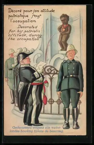 AK Decorated for his patriotic attitude during the Occupation, Scherz, Männeken-Pis erhält Orden