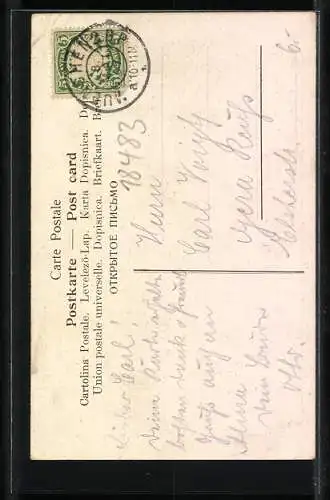 Lithographie dicker Mann hält seinen Kopf unter den Hahn des Weinfasses um 1900