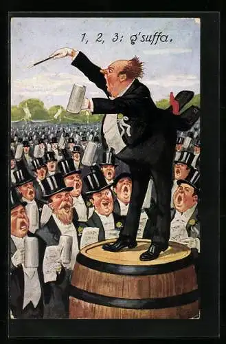 AK Fülliger Mann steht auf dem Fass und dirigiert die Männer mit Zylinder und Bierkrügen
