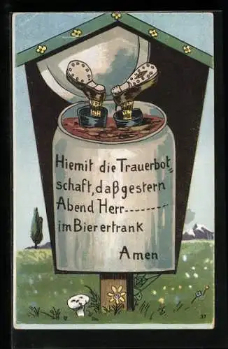 AK Füsse schauen aus einem grossen Bierkrug