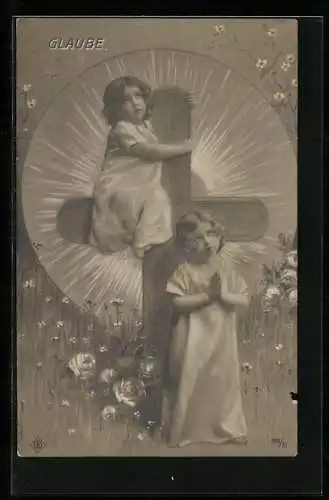 AK Glaube, betende Kinder und Kreuz, Allegorie