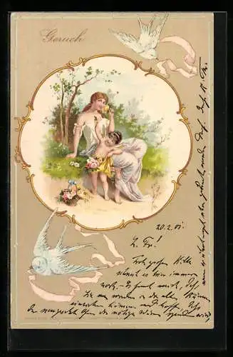 AK Allegorie Geruch, Amor reicht junger Frau Blumen zum Riechen, weisse Tauben