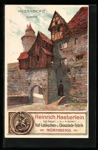 Künstler-AK Nürnberg, Reklame für Lebkuchen von Heinrich Haeberlein, Burgthor