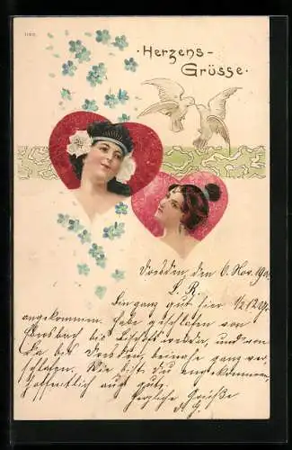 AK Herzensgrüsse, Frauenportraits in Herzen, turtelnde Tauben, Jugendstil