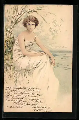 Lithographie schöne Frau mit Locken im weissen Kleid, Jugendstil