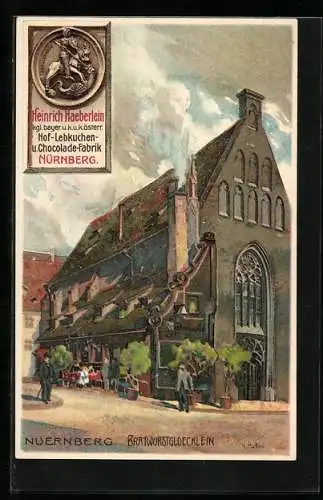 Künstler-AK Karl Mutter: Nürnberg, Gasthaus Bratwurstgloecklein, Lebkuchen-Fabrik H. Haeberlein