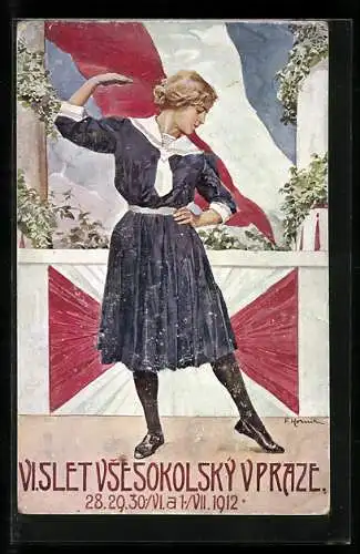 AK Prag, Junges Mädchen tanzt vor einer Fahne, Sokol, 1912