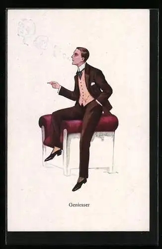 Künstler-AK Willi Scheuermann: Eleganter Kavalier mit Zigarette bläst Rauchringe in Frauengestalt