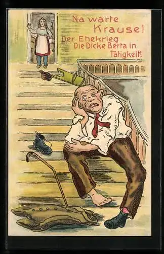 AK Die dicke Berta und Krause auf der Treppe, Neujahrsgruss, frauenfeindlicher Humor