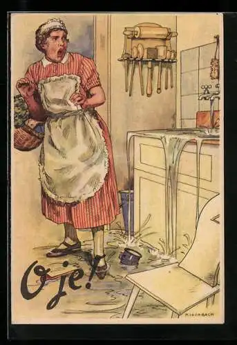 Künstler-AK Aachen-Leipziger Versicherungs-Aktien-Gesellschaft, O je!, Übergelaufenes Waschbecken