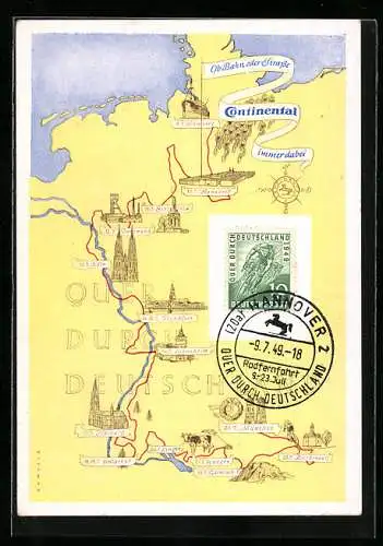 AK Radfernfahrt Hamburg-München 1949, Landkarte, Reklame für Continental