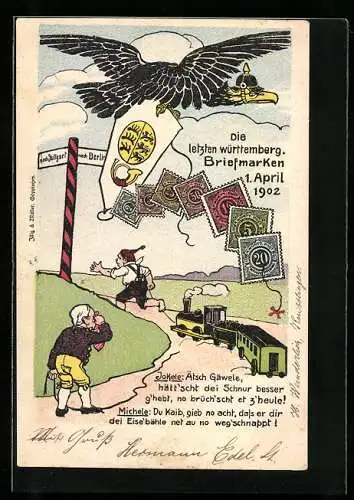 AK Die letzen württemberg. Briefmarken 1902, Reichsadler mit Pickelhaube, Eisenbahn