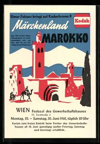 AK Wien, Ausstellung Märchenland Marokko auf Kodak Kodachrome 1962, Festsaal des Gewerkschaftshauses Treitlstrasse