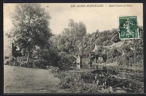 AK Saint-Céneri-le-Gérei, Vue sur le pont et l`église dans les Alpes Mancelles