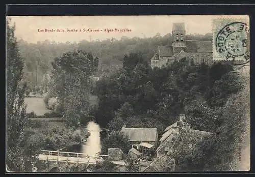 AK Saint-Céneri, Les bords de la Sarthe et l`église entourée de verdure