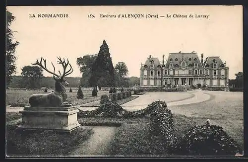 AK Alencon, Le Château de Lonray avec statue de cerf et jardins élégants