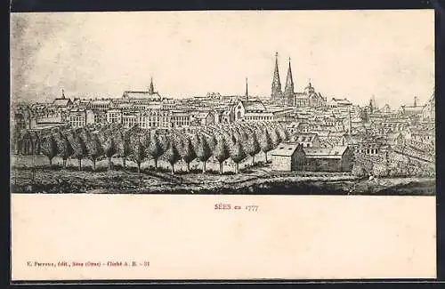 AK Sées, Vue de la ville en 1777 avec cathédrale et arbres alignés