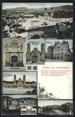 AK Einsiedeln, Gnadenkapelle, Stiftskirche mit Brunnen, Rathaus, Ortsansicht