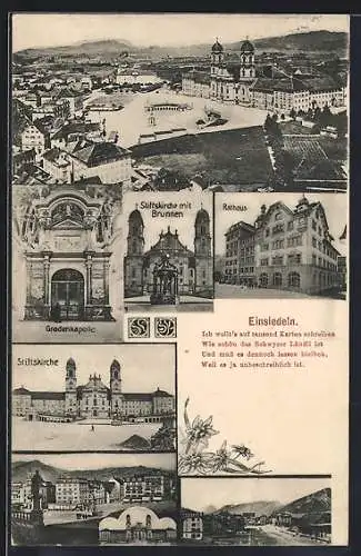 AK Einsiedeln, Gnadenkapelle, Stiftskirche mit Brunnen, Rathaus, Ortsansicht