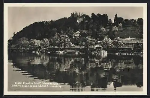 AK Mannenbach, Hotel Pension Schiff, Blick vom See gegen Schloss Arenenberg